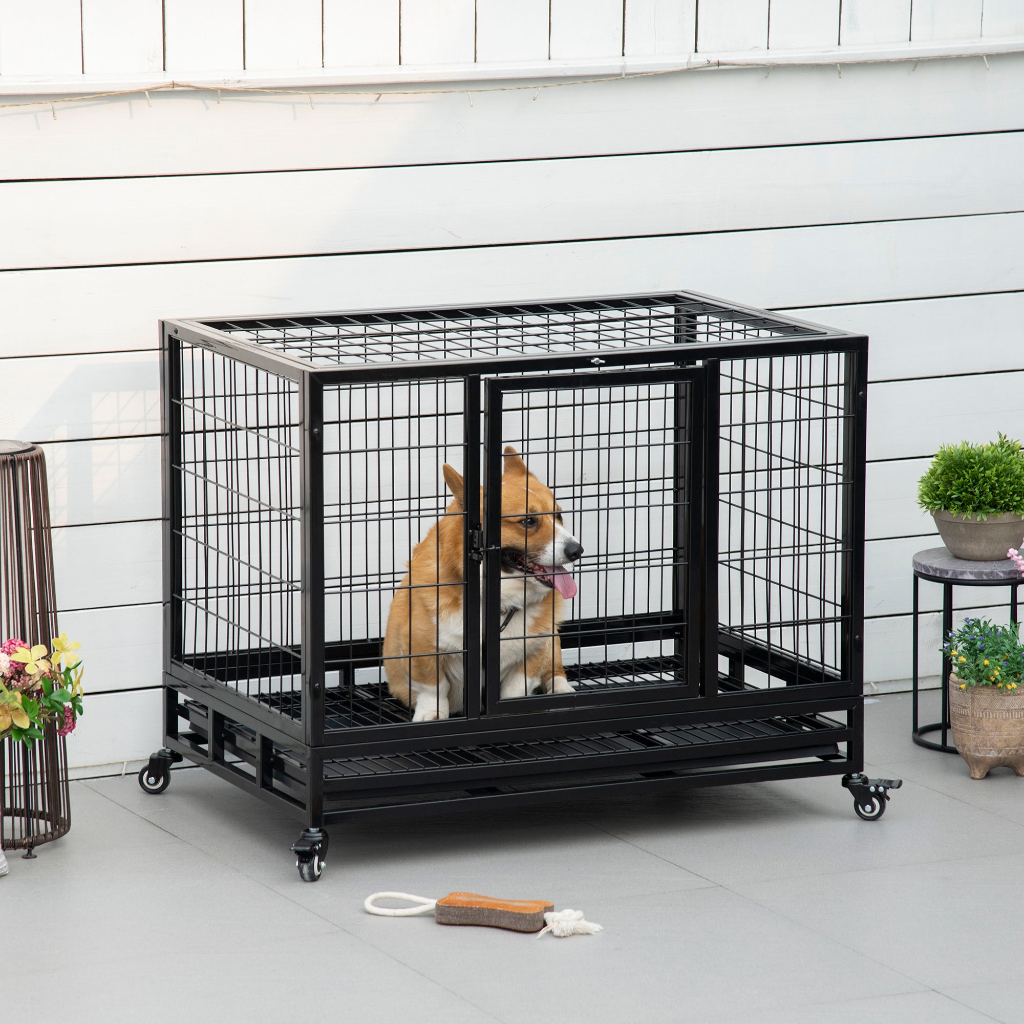 36" Heavy Duty Dog Crate with Removable Tray, Lockable Wheels and Double Door, for Medium and Large Dogs, Black