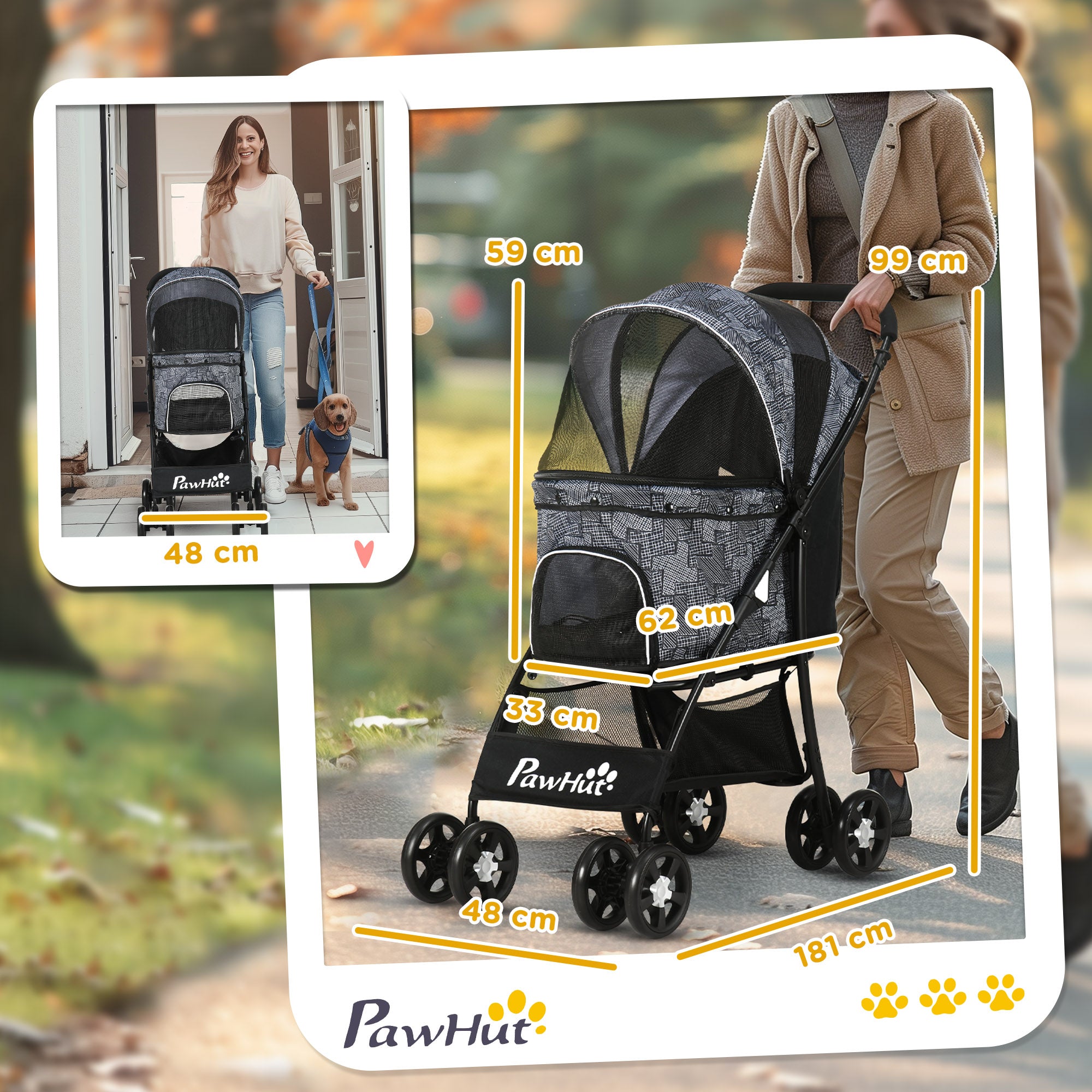 PawHut Foldable Pet Stroller For Dogs, Puppy Stroller, With Large Carriage, Brakes, Canopy - Grey