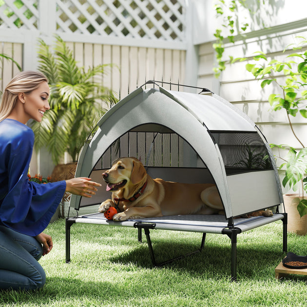 Elevated Dog Bed with Removable Canopy, Portable Outside Raised Pet Cot with Cooling Pad, Storage Bag, 36
