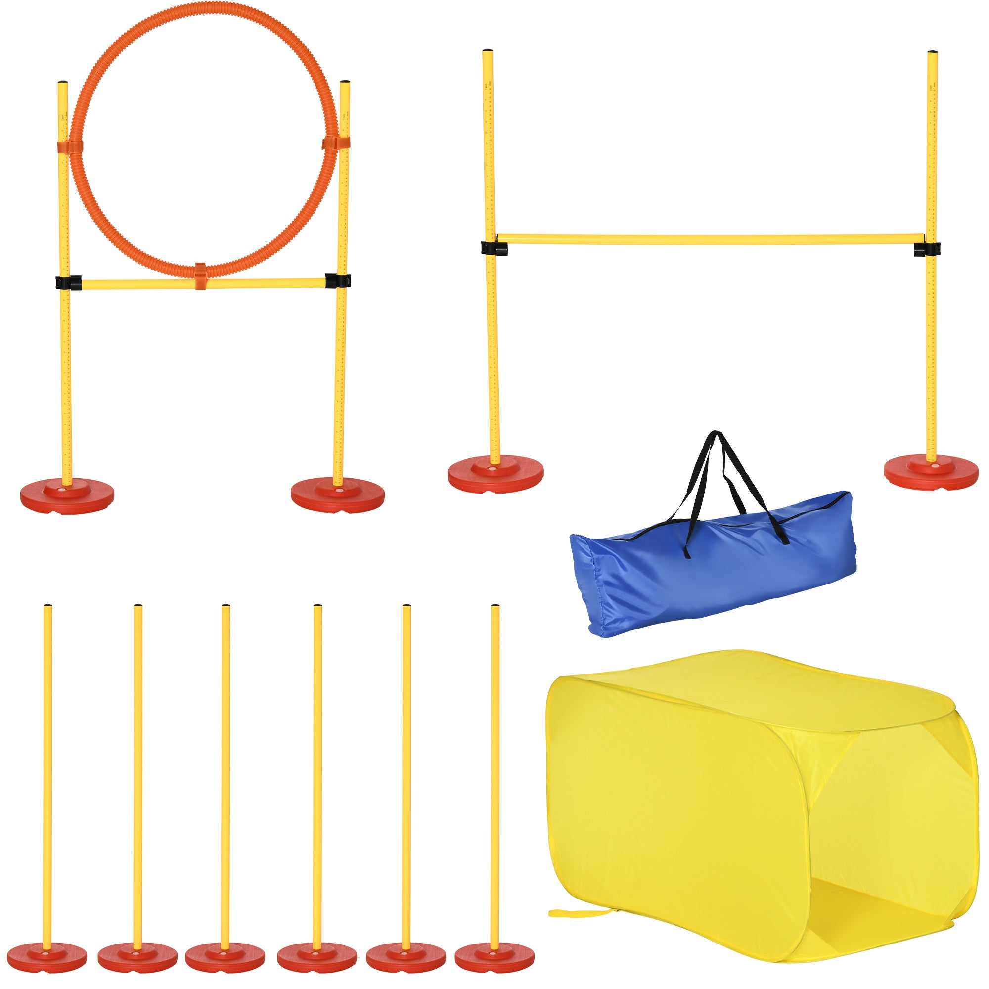Pawhut Dog Agility Equipment Portable Pet Training Obstacle Set For Dogs 5 Pieces W/ Adjustable High Jumping Pole, Jumping Ring, Weave Poles, Tunnel