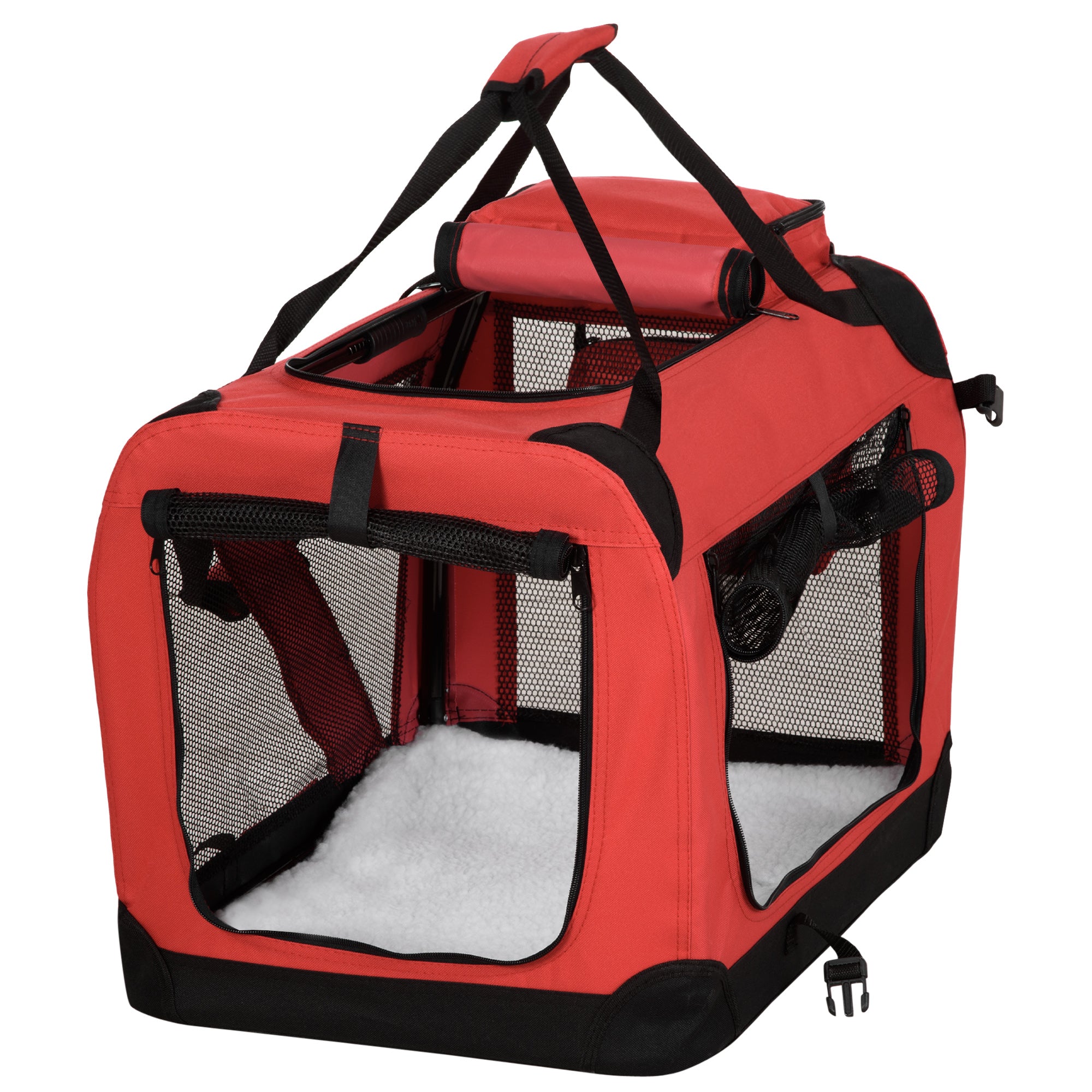 PawHut Foldable Pet Carrier For Small And Miniature Dogs, Portable Cat Carrier Soft Side Pet Travel Crate With Removable Mat, Storage Bags, Breathable Mesh Window 60 X 42 X 42cm - Red