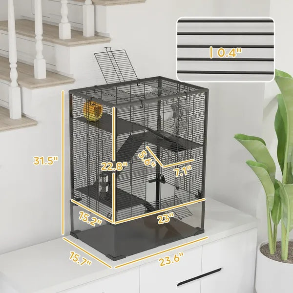 4 Tier Hamster Cage With Deep Tempered Glass Bottom, Running Wheel, Hut, Water Bottle, Food Dish