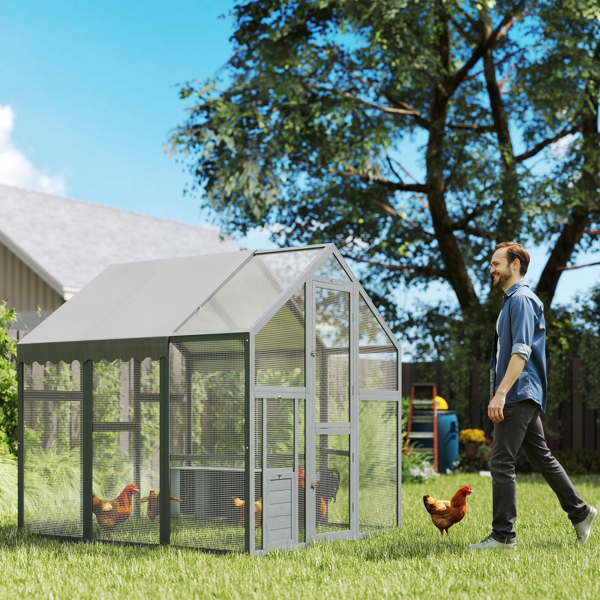 Large Wooden Chicken Run With Waterproof & Anti-UV Cover, For 6-8 Chickens, For Backyard, Farm, 5.5 X 6 X 6