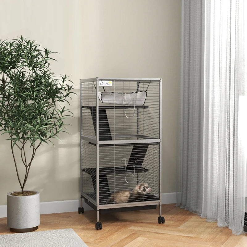PawHut Rolling Small Animal Cage With Hammock, Ferret Cage, Chinchilla Cage, Pet Habitat With 6 Doors, Removable Tray