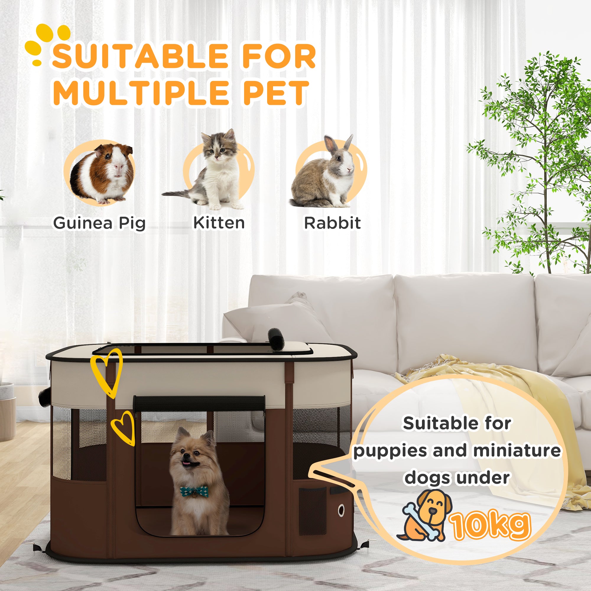PawHut Foldable Dog Pen With Storage Bag For Indoor/Outdoor Use, Portable Pet Playpen, With Ground Stakes - Brown