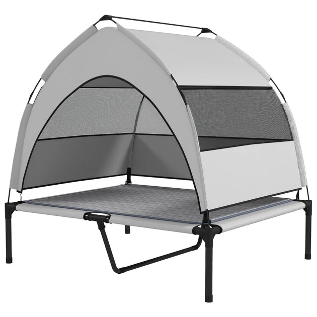 PawHut Elevated Dog Bed With Removable Canopy, Portable Outside Raised Pet Cot With Cooling Pad, Storage Bag,