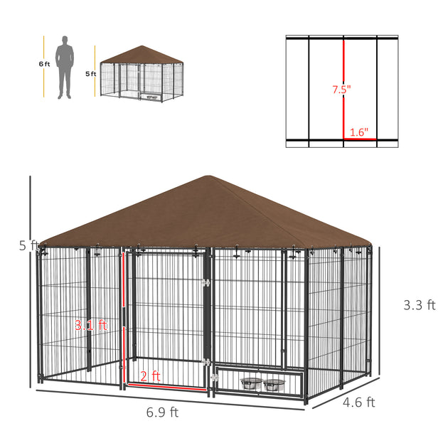 Outside Dog Kennel, 6.9' x 4.6' x 5' Puppy Play Pen with Canopy, Garden Playpen Fence Crate with Rotating Bowl, Black