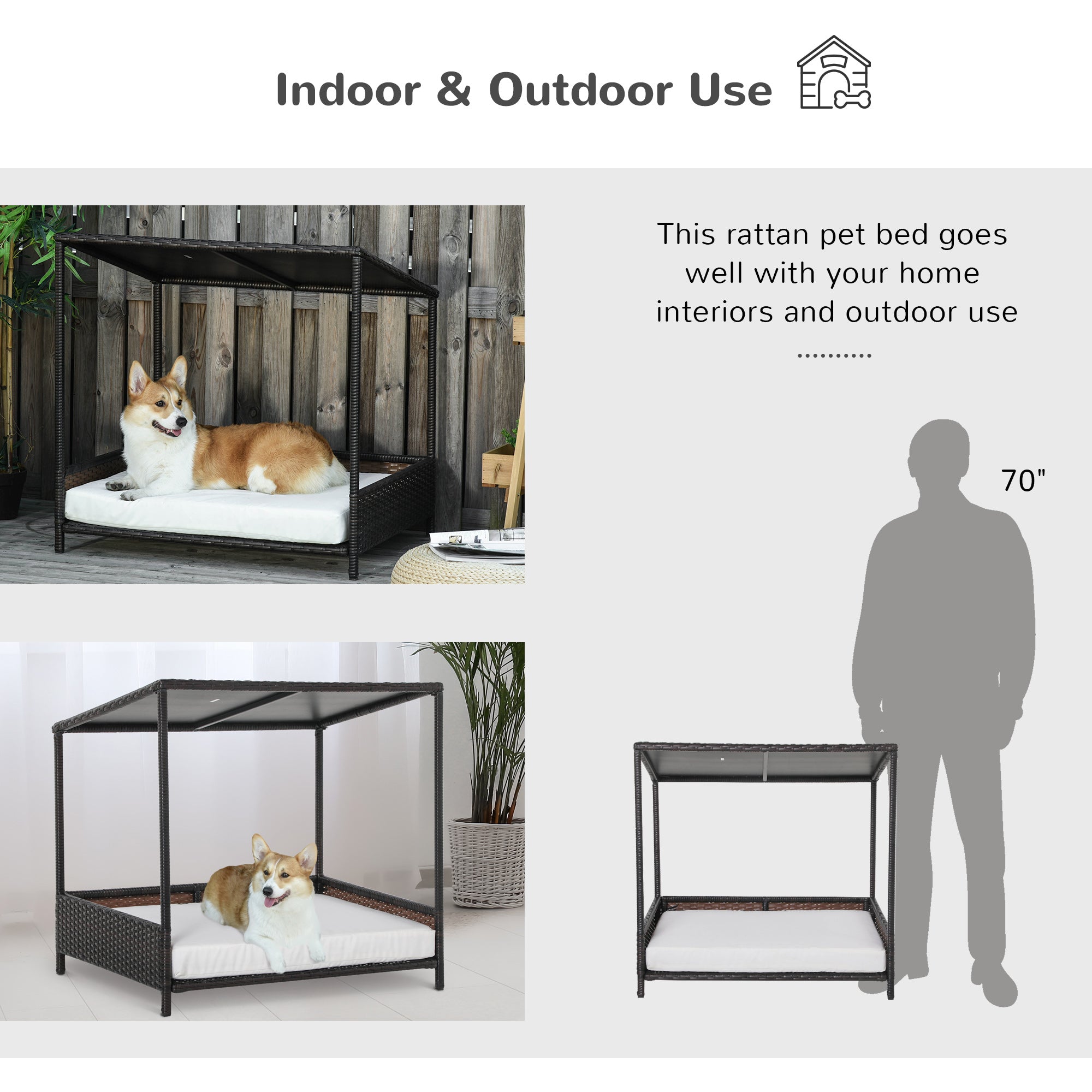 Wicker Dog House Raised Rattan Puppy Bed Cat Shelter For Indoor Outdoor Garden Patio Pet Sofa With Removable Cushion For Medium Sized Pet Brown