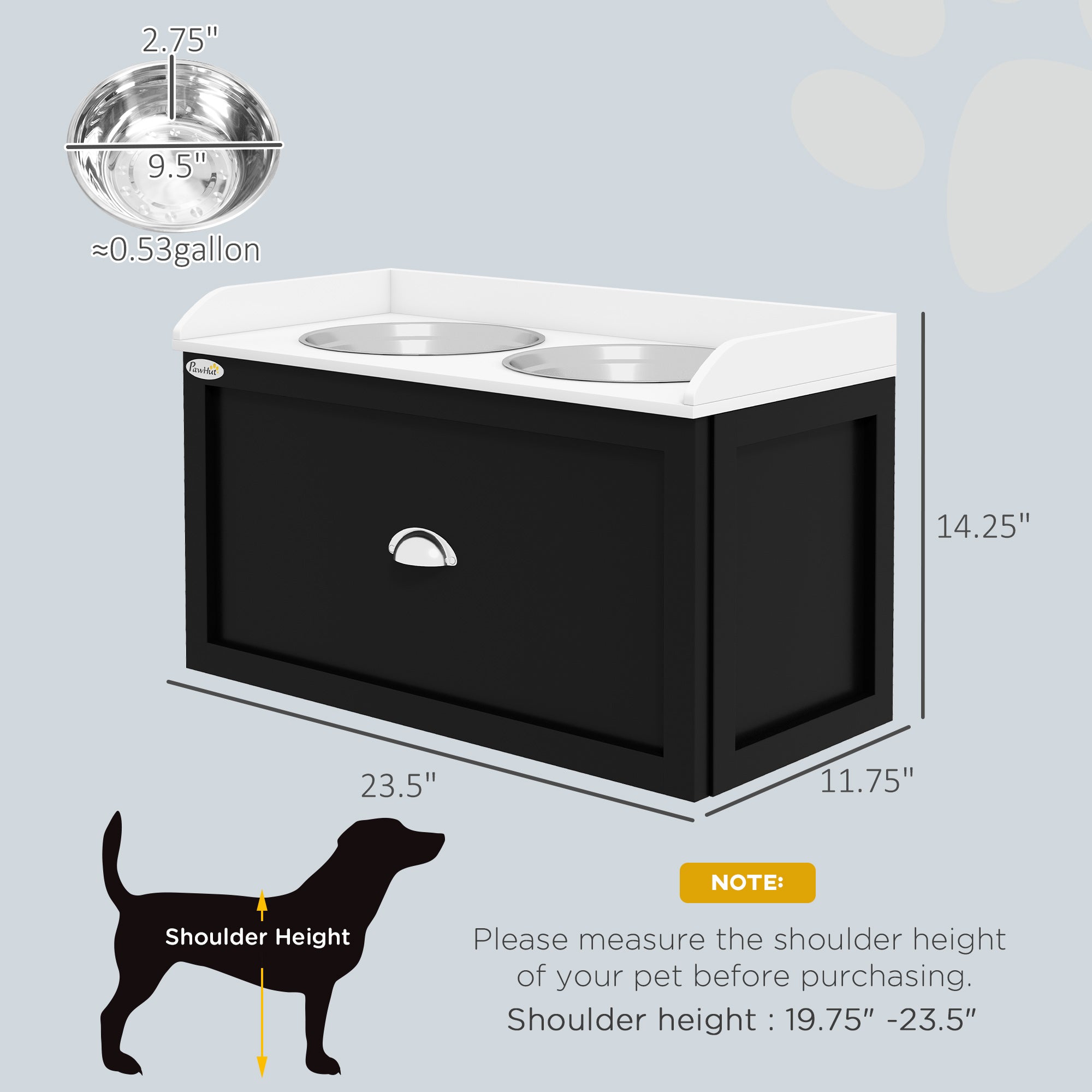 Pet Feeding Station Pet Dish Bowl Set with Storage, 2 Elevated Dog Bowls for Large Sized Dogs, White and Black
