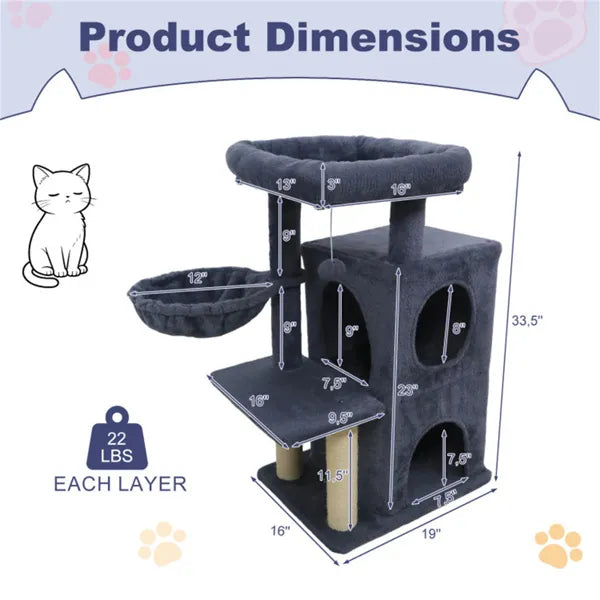Dark Gray 33.5" Multi-Level Cat Tree With 2-Tier Condo, Sisal Scratching Posts & Anti-Toppling Device For Cats