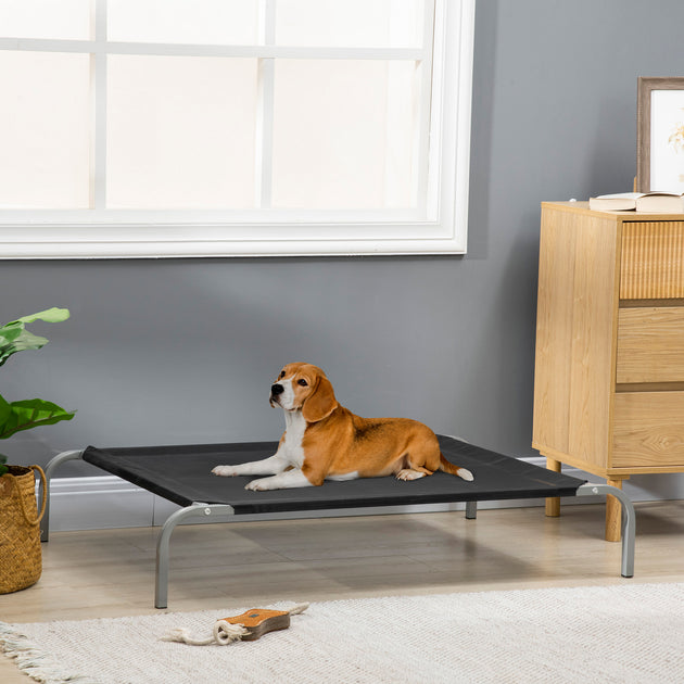 PawHut Elevated Pet Bed Cooling Raised Cot Style Bed For Large Medium Sized Dogs With Non-slip Pads Steel Frame Breathable Mesh Fabric, 110 X 75 X 20 Cm - Black