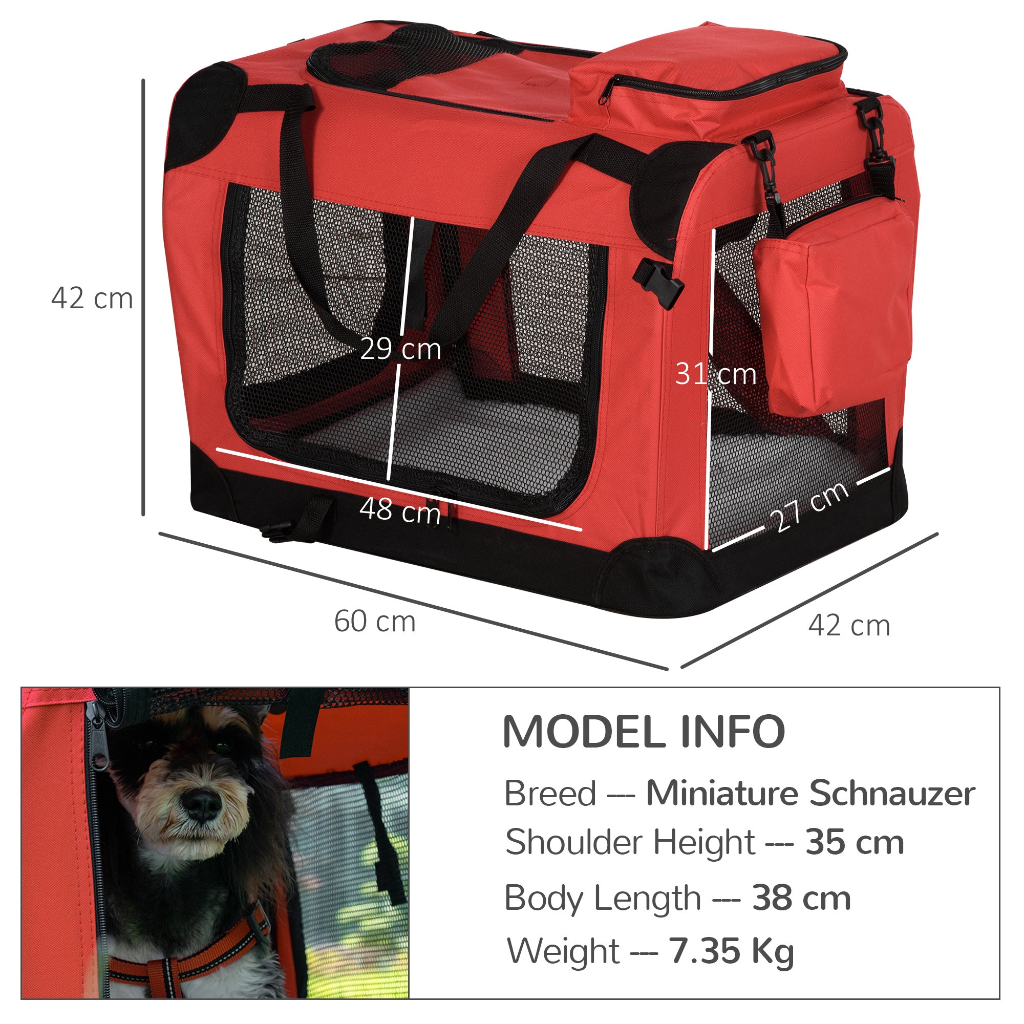 PawHut Foldable Pet Carrier For Small And Miniature Dogs, Portable Cat Carrier Soft Side Pet Travel Crate With Removable Mat, Storage Bags, Breathable Mesh Window 60 X 42 X 42cm - Red