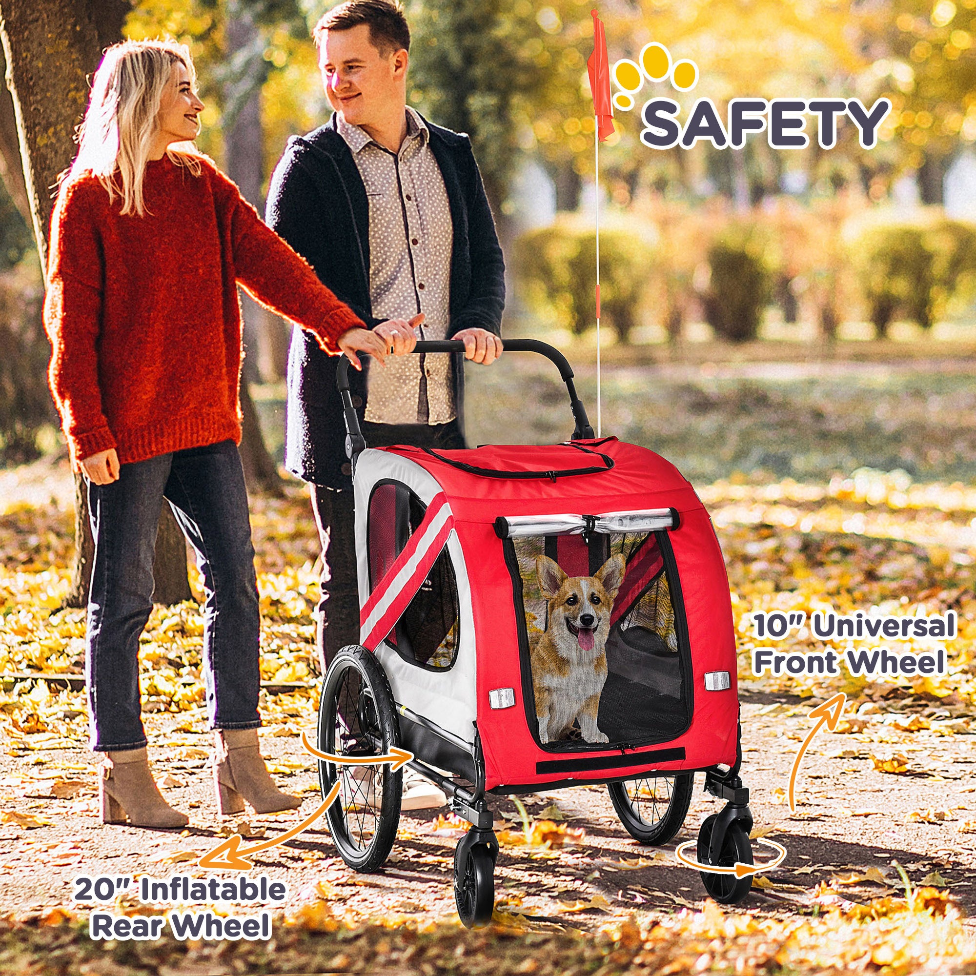 2-in-1 Pet Bike Trailer for Small Medium Dogs, Road-Visibility Dog Stroller Bicycle Carrier, Weather-Strong Bike Wagon Trailer Sidecar Attachment, Red