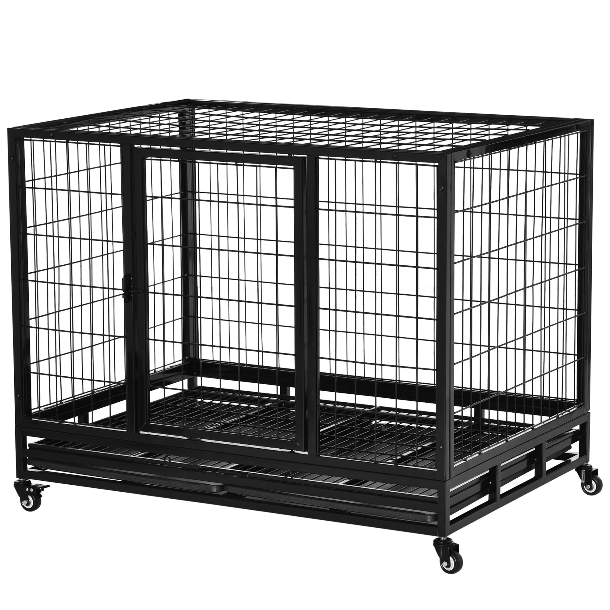 43" Heavy Duty Dog Crate with Removable Tray, Lockable Wheels and Double Door, for Large and Extra Large Dogs, Black
