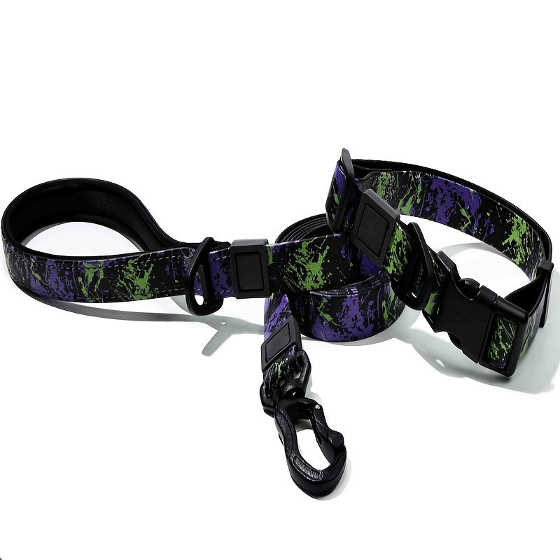 Embossed UV Printed Dog Leash & Collar Set 1.5cm Wide, Waterproof Tear-Resistant Easy To Clean PVC Set, Stylish Patterned Walking Training Gear For Small Dogs
