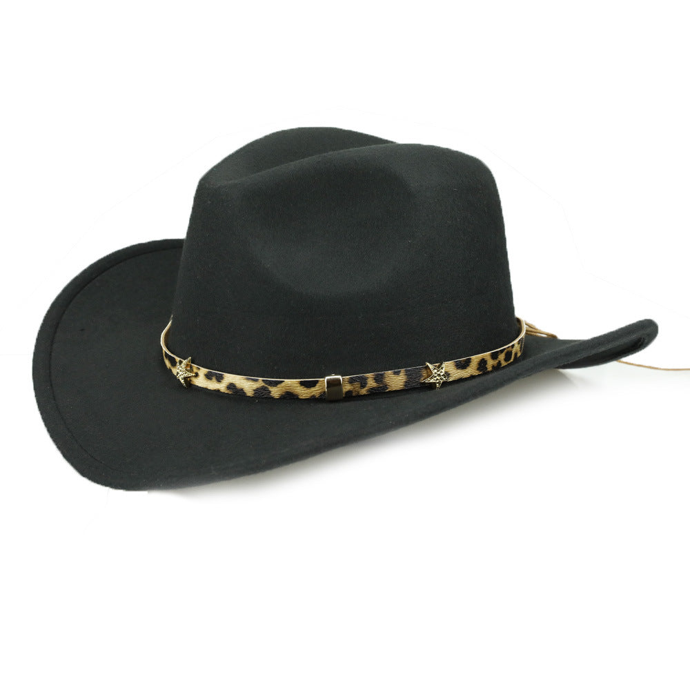 Leopard Print Five-pointed Star Belt Cowboy Hat Men's And Women's Autumn And Winter Woolen Fedora Hat Outdoor Knight Hat Western Cowboy Hat