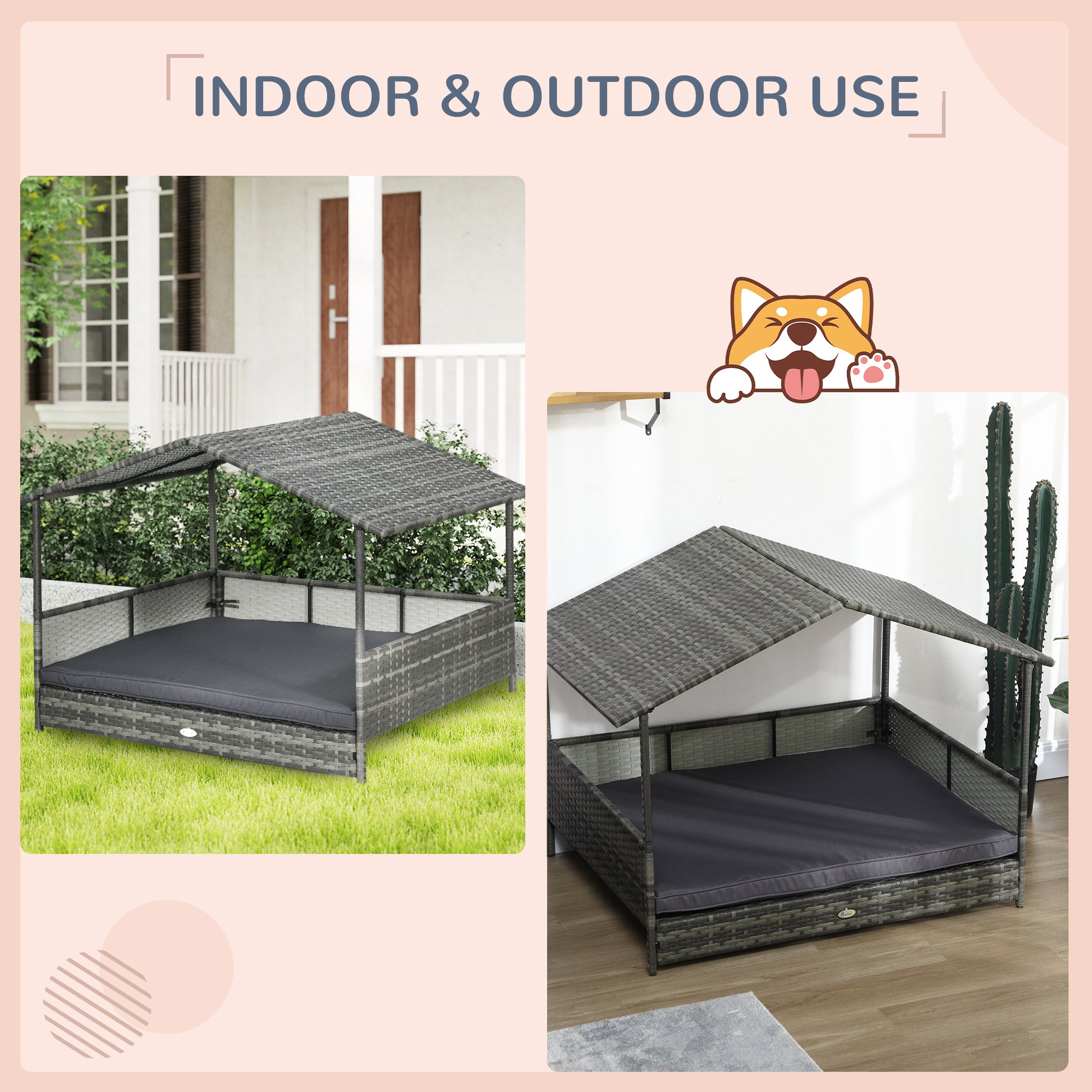Outdoor Dog Bed with Canopy, Rattan Dog Bed with Soft Cushion Removable Cover for Medium and Large Dogs, Dark Gray
