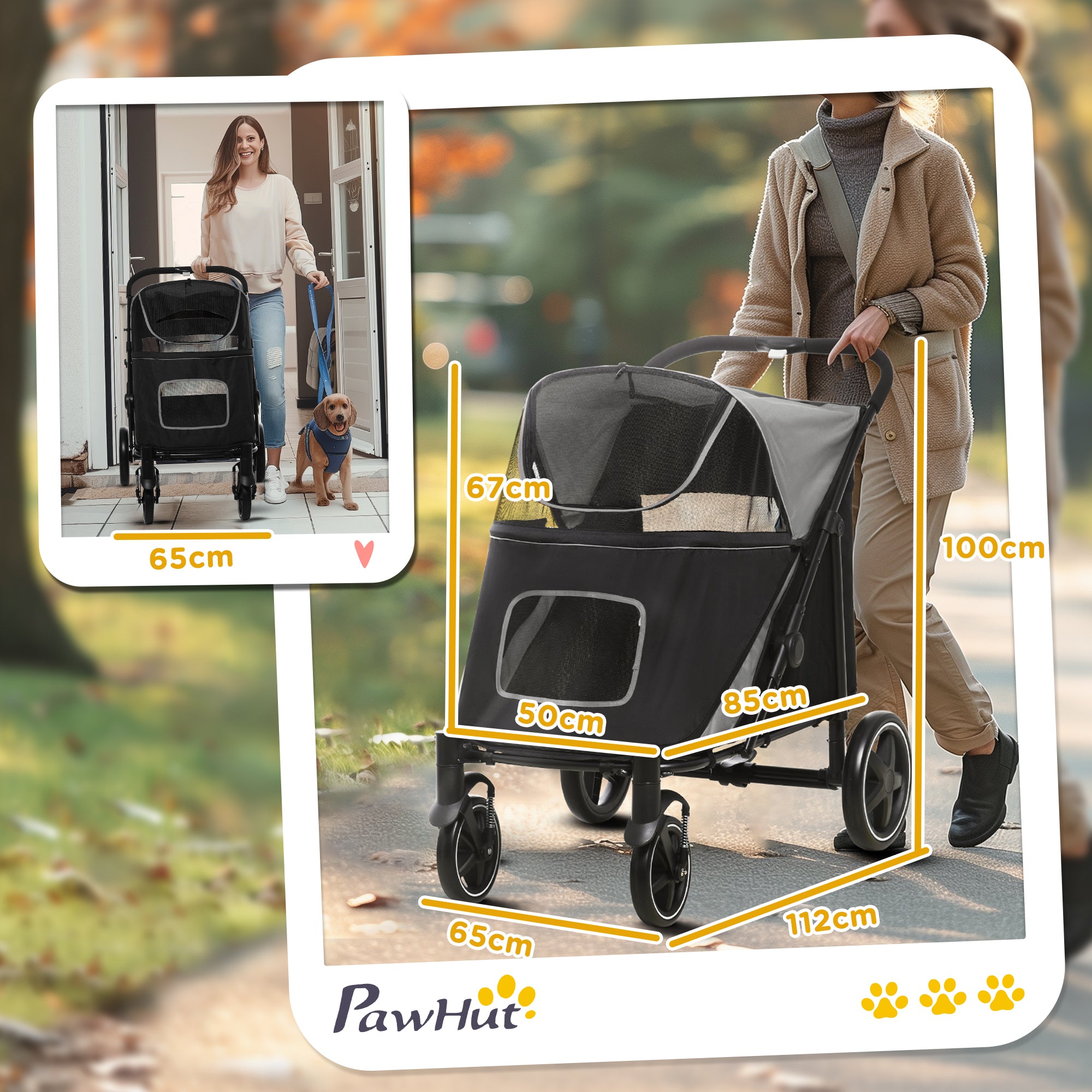 PawHut Foldable Pet Stroller, With Universal Wheels, Shock Absorber, For Medium And Large Dogs - Black