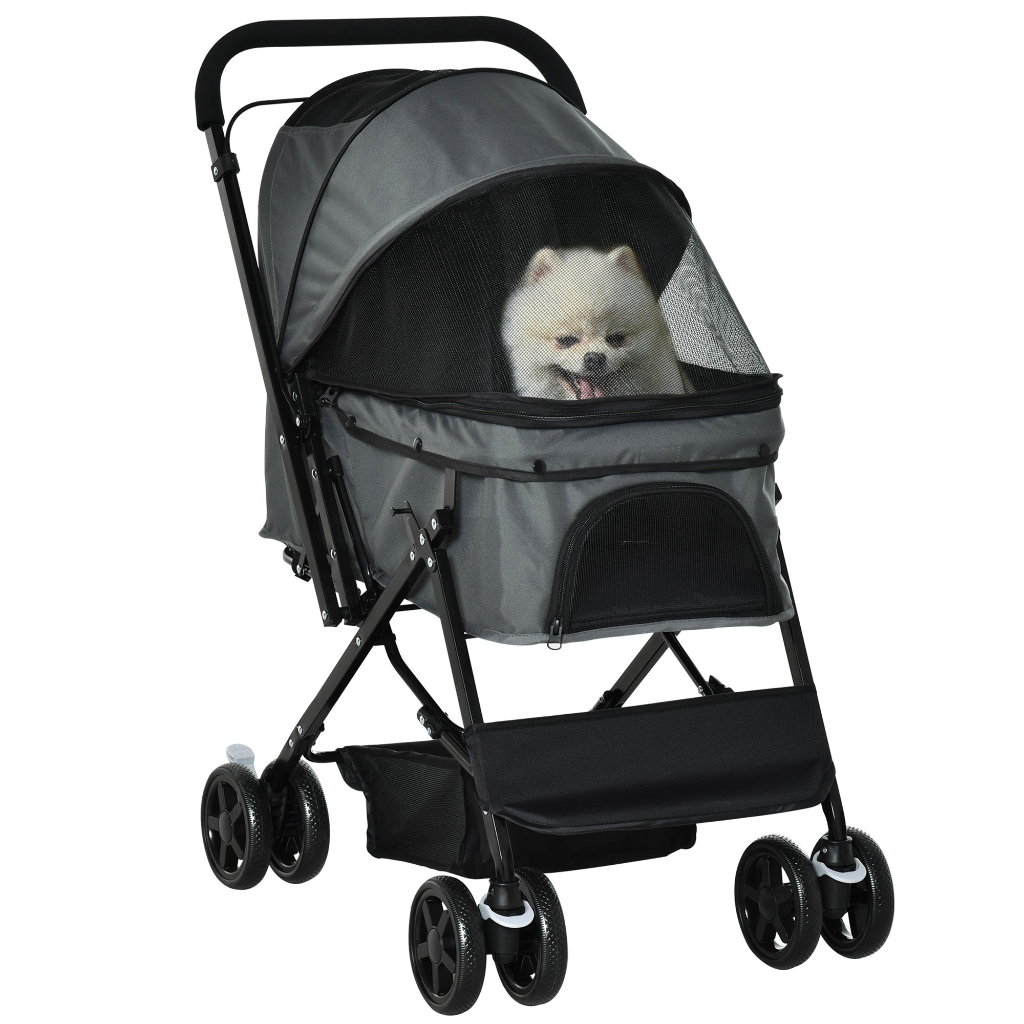 PawHut Pet Stroller Pushchair Foldable Travel Dog Cat Carriage W/ Reversible Handle Brake Basket