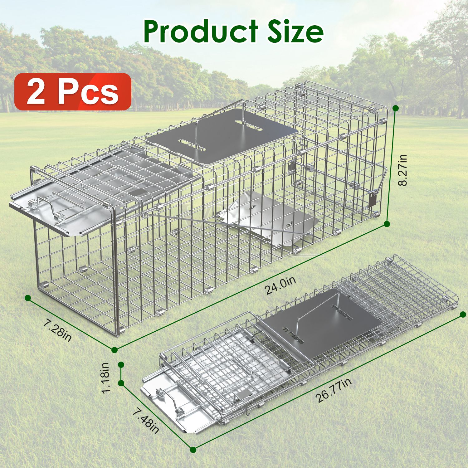 2Pcs 24X7.48X8.27IN Folding Humane Live Animal Trap Cages Easy To Catch And Release Foldable Cat Trap Galvanized Steel For Small Cats Squirrels Rabbits Hedgehog Chipmunk