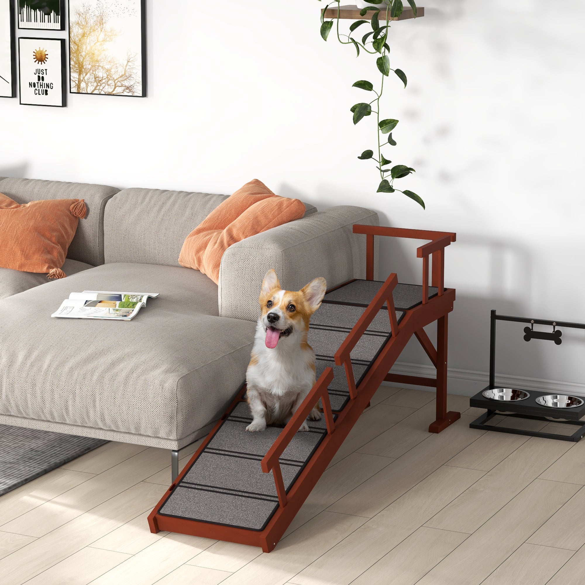Wooden Dog Ramp with Removable Guardrails, Non-Slip Surface, 60" Long, Brown