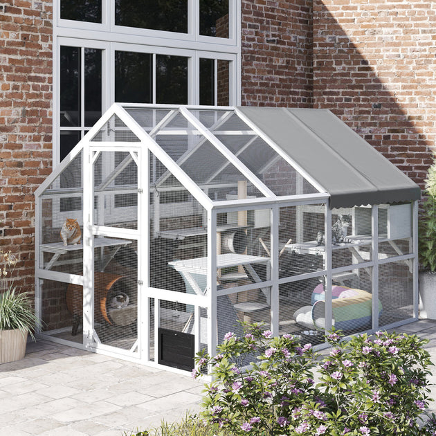 Wooden Catio Outdoor Cat Enclosure With Waterproof Cover, 2 Condos, 6 Platforms, Bridge, Doors, White