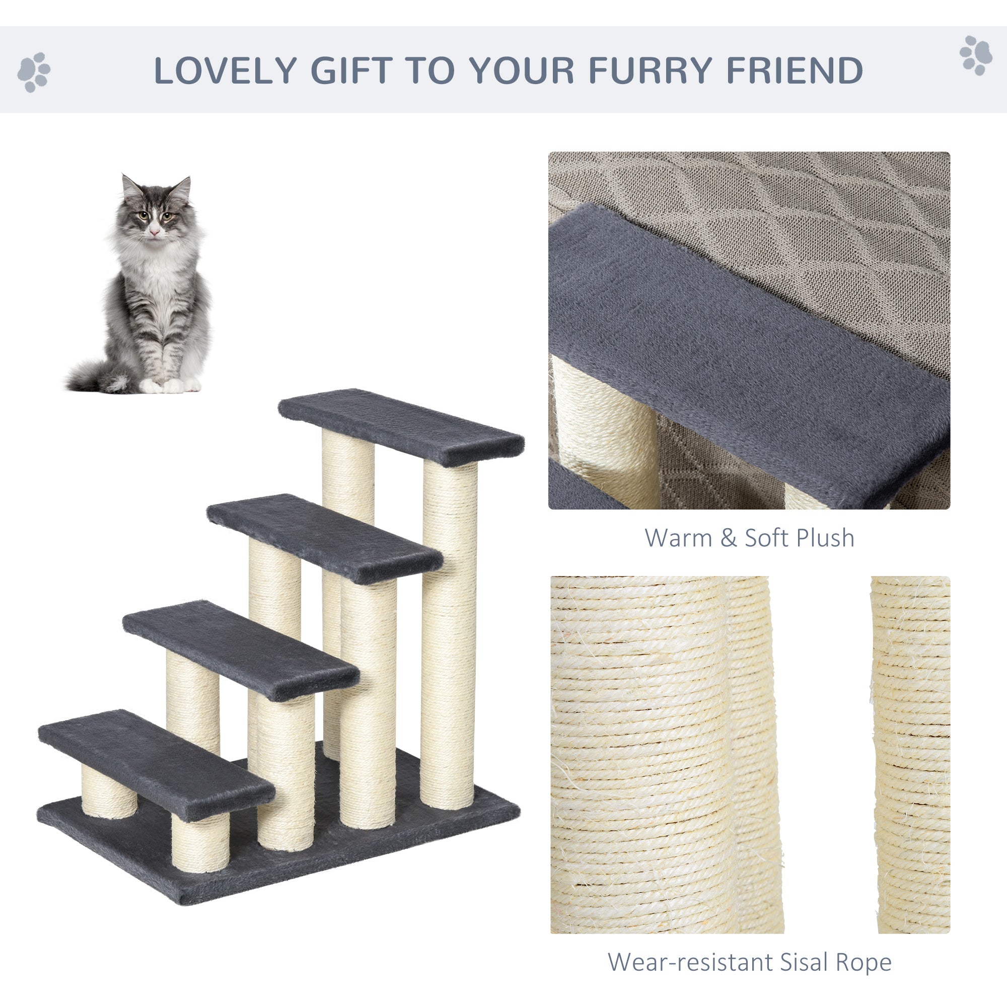 PawHut Dog Steps For Bed 4 Step Pet Stairs For Dog Cat Ladder Scratch Post Grey