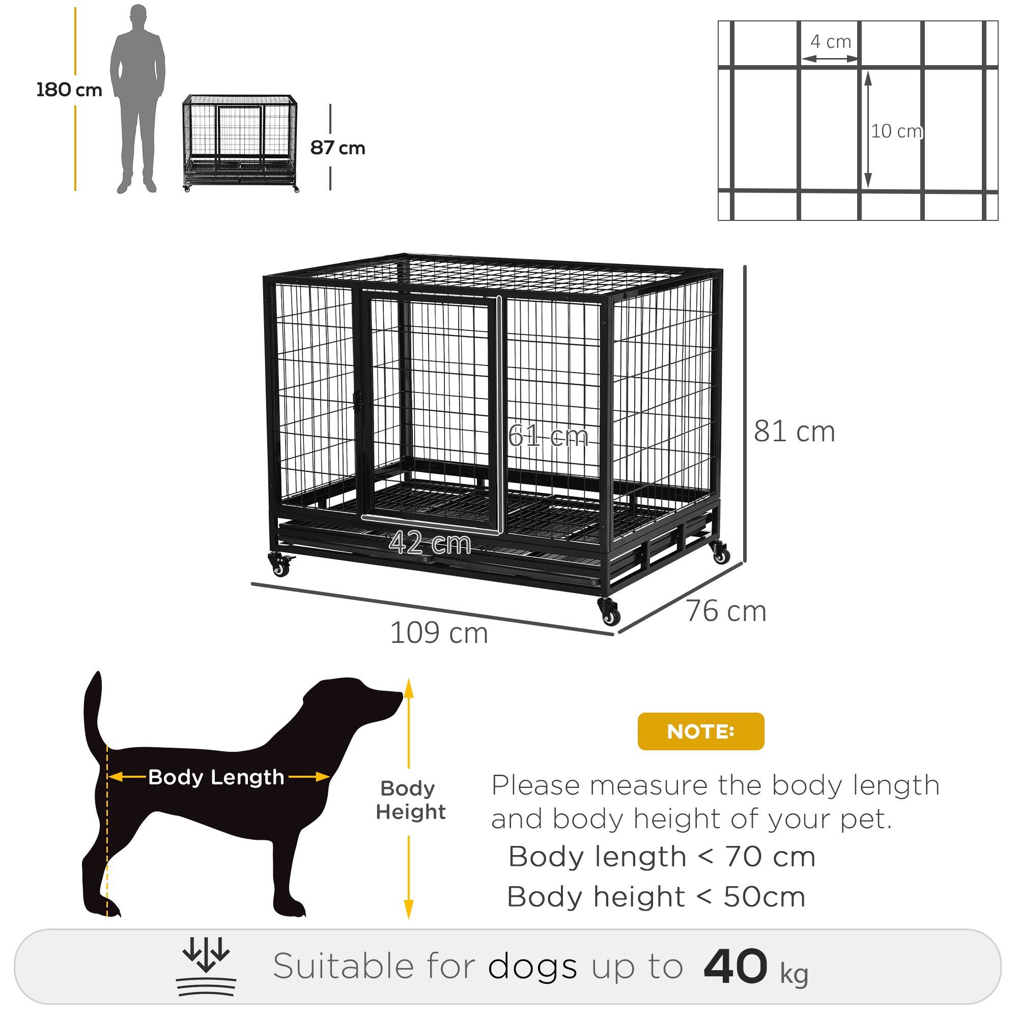 PawHut 43" Heavy Duty Metal Dog Crate Pet Cage With Tray Wheeled Dog Kennel - Black (Large)