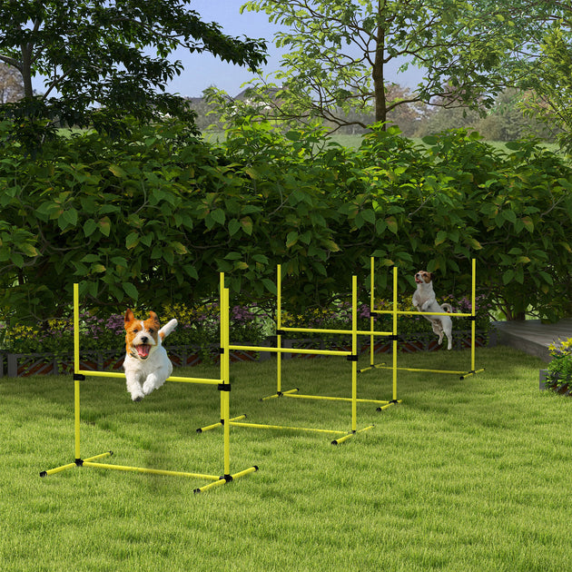 4 Piece Dog Agility Set with Adjustable Height Jump Bars, Carry Bag, Displacing Top Bar, Yellow Yellow