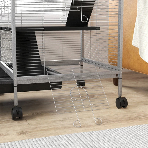 PawHut Rolling Small Animal Cage With Hammock, Ferret Cage, Chinchilla Cage, Pet Habitat With 6 Doors, Removable Tray
